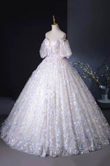 Beautiful Floral Tulle Pearl Sequins Formal Prom Dresses, A-Line Puffy Short Sleeve Evening Party Dresses