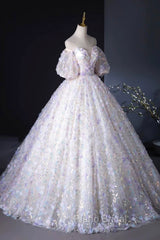 Beautiful Floral Tulle Pearl Sequins Formal Prom Dresses, A-Line Puffy Short Sleeve Evening Party Dresses