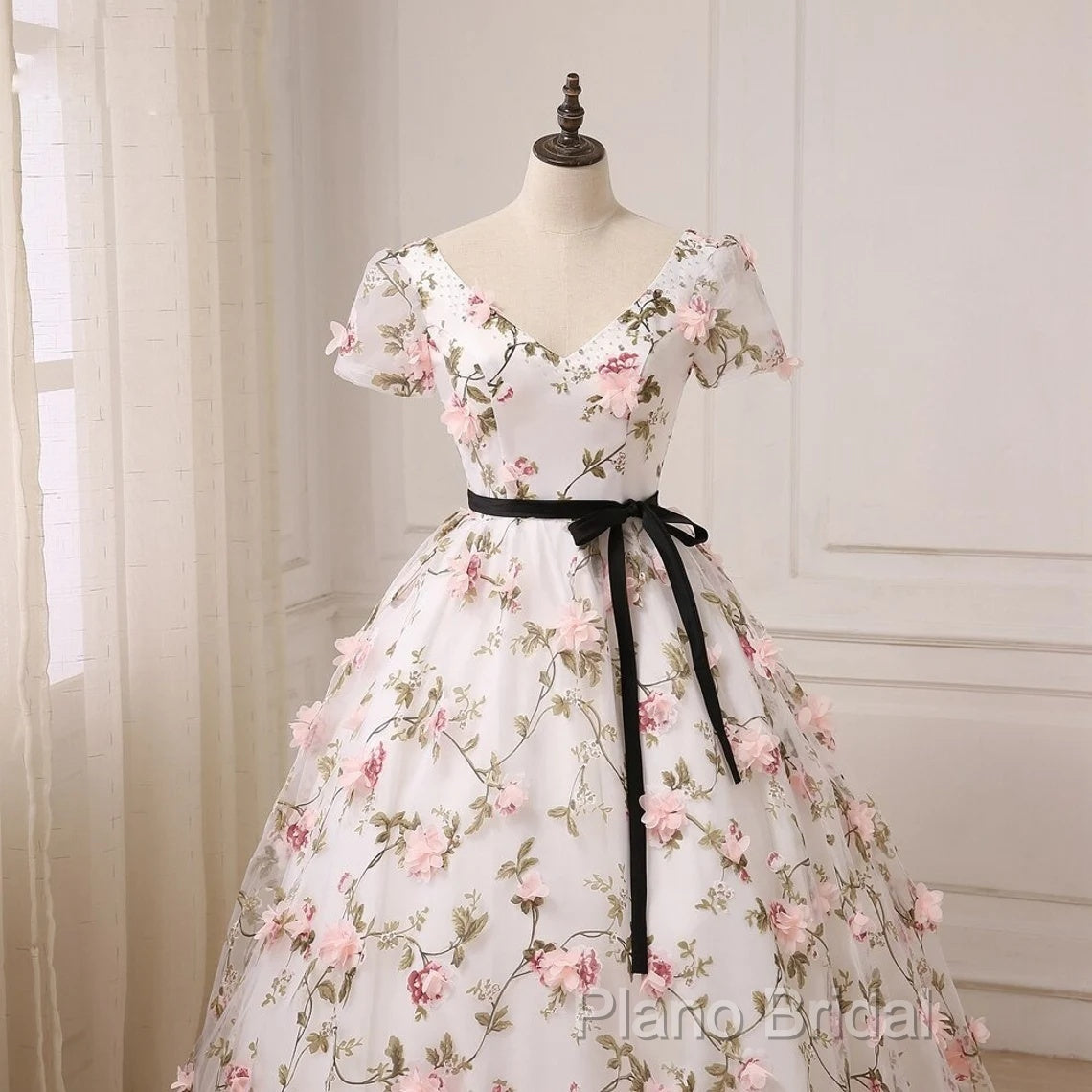 Beautiful Flowers Ball Gown Long Party Dresses, Short Sleeves Formal Prom Dresses