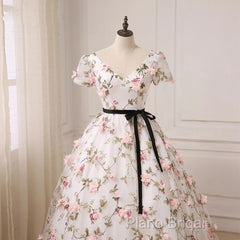 Beautiful Flowers Ball Gown Long Party Dresses, Short Sleeves Formal Prom Dresses