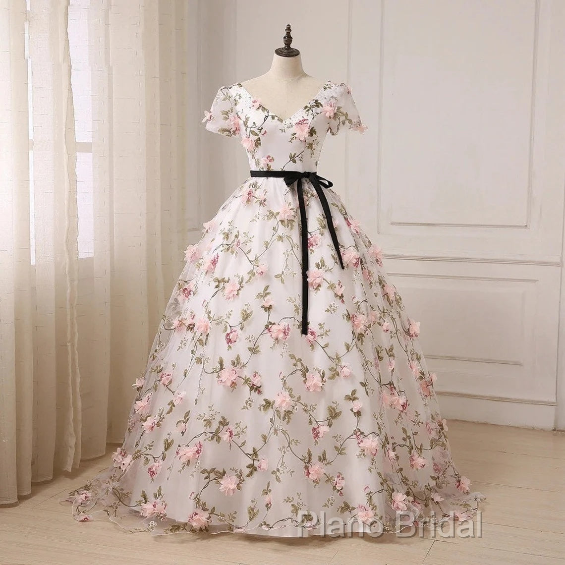 Beautiful Flowers Ball Gown Long Party Dresses, Short Sleeves Formal Prom Dresses