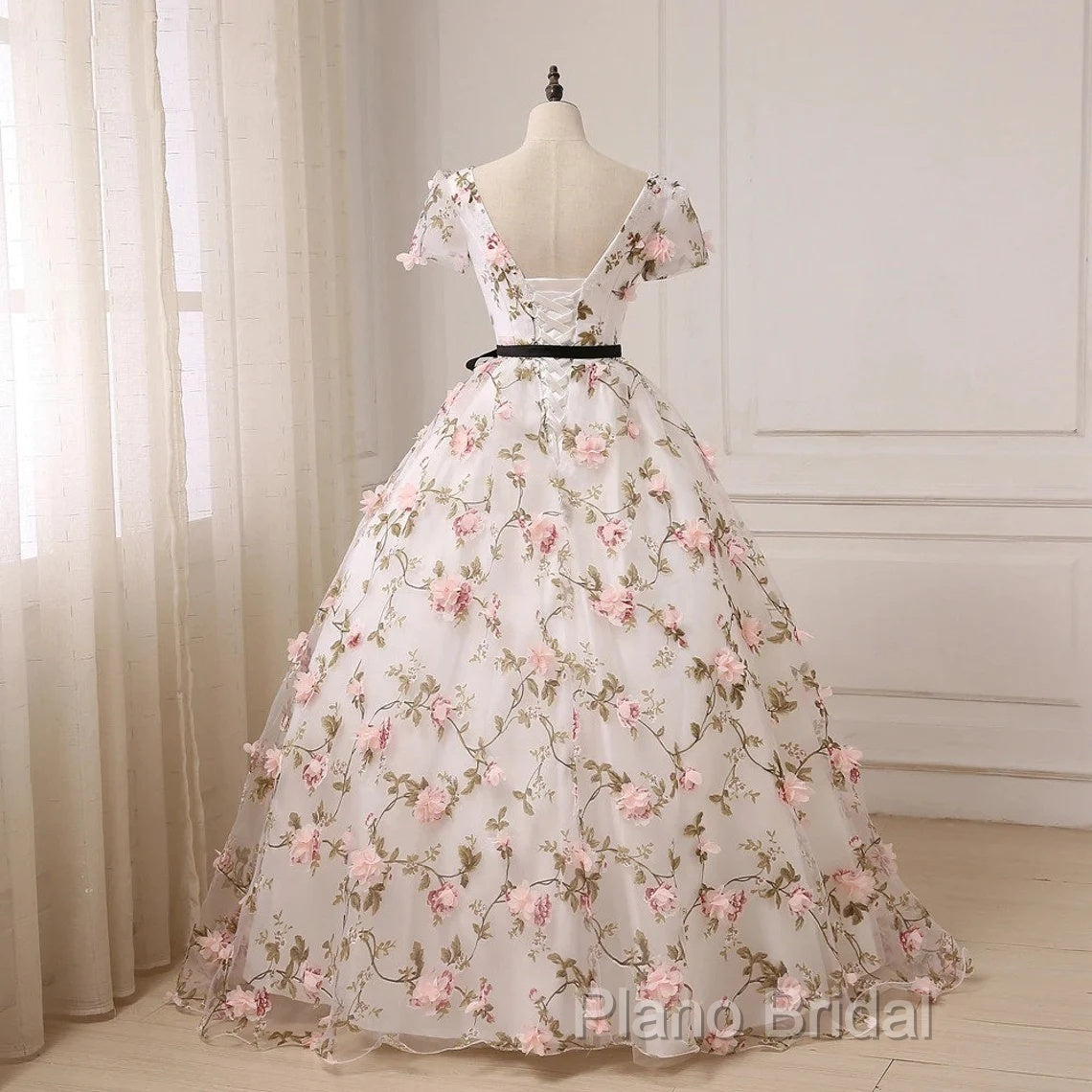 Beautiful Flowers Ball Gown Long Party Dresses, Short Sleeves Formal Prom Dresses