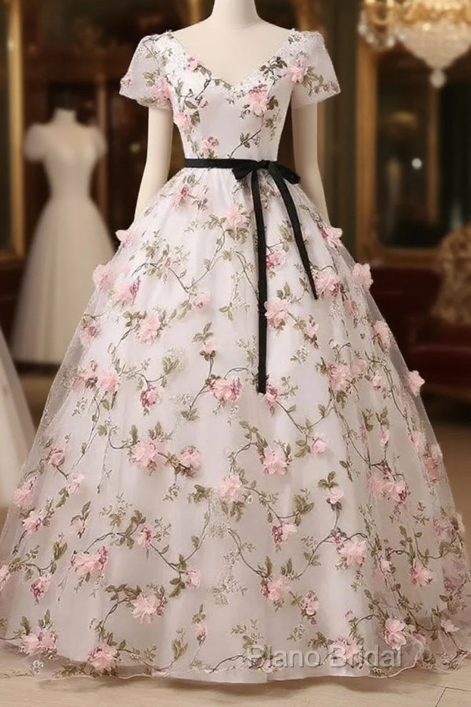 Beautiful Flowers Ball Gown Long Party Dresses, Short Sleeves Formal Prom Dresses