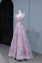 Beautiful Flowers Tulle Long Formal Dresses, Purple Pink A-Line Evening Dresses