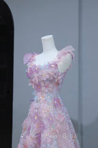 Beautiful Flowers Tulle Long Formal Dresses, Purple Pink A-Line Evening Dresses