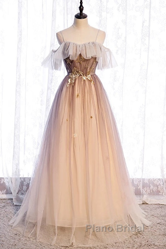 Beautiful Gradient Tulle With Straps Sweetheart Party Dresses, A-Line Tulle Evening Dresses Formal Prom Dresses