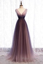 Beautiful Gradient V-Neckline Tulle Long Formal Prom Dresses Party Dresses, Gradient Evening Gown