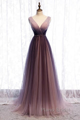 Beautiful Gradient V-Neckline Tulle Long Formal Prom Dresses Party Dresses, Gradient Evening Gown