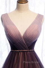 Beautiful Gradient V-Neckline Tulle Long Formal Prom Dresses Party Dresses, Gradient Evening Gown