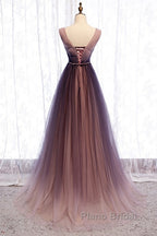 Beautiful Gradient V-Neckline Tulle Long Formal Prom Dresses Party Dresses, Gradient Evening Gown