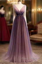 Beautiful Gradient V-Neckline Tulle Long Formal Prom Dresses Party Dresses, Gradient Evening Gown