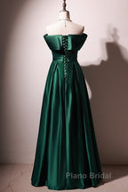 Beautiful Green Satin A-Line Off Shoulder Formal Prom Dresses, Green Evening Dresses Party Dresses