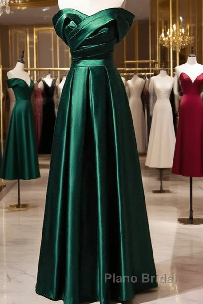 Beautiful Green Satin A-Line Off Shoulder Formal Prom Dresses, Green Evening Dresses Party Dresses Main image