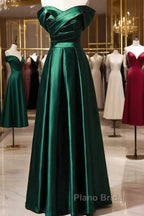 Beautiful Green Satin A-Line Off Shoulder Formal Prom Dresses, Green Evening Dresses Party Dresses