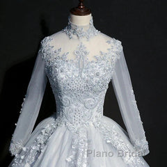 Beautiful Grey A-Line Long Sleeves With Lace Party Gown Sweet 16 Dresses Formal Prom Dresses