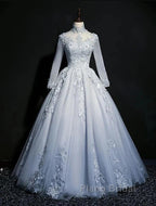 Beautiful Grey A-Line Long Sleeves With Lace Party Gown Sweet 16 Dresses Formal Prom Dresses