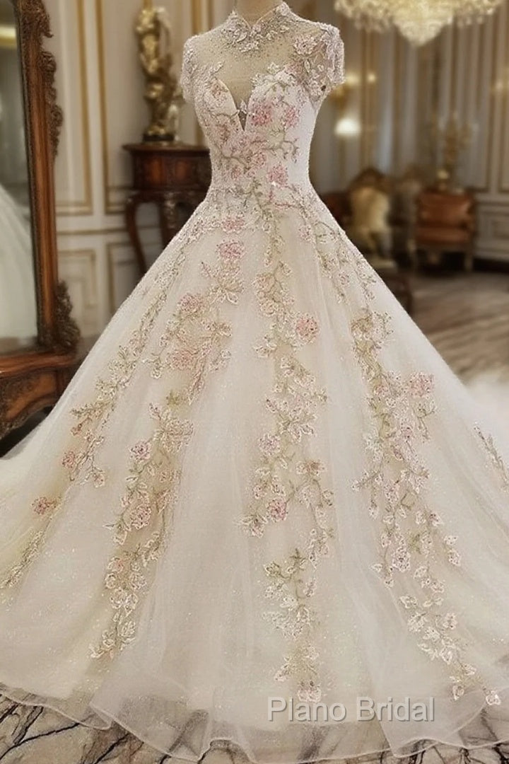 Beautiful Ivory High Neckline Tulle With Flower Lace Party Dresses, Ivory Wedding Dresses Main image