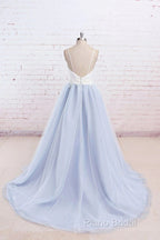 Beautiful Light Blue Tulle And White Top Long Wedding Party Gowns, Straps Junior Formal Prom Dresses