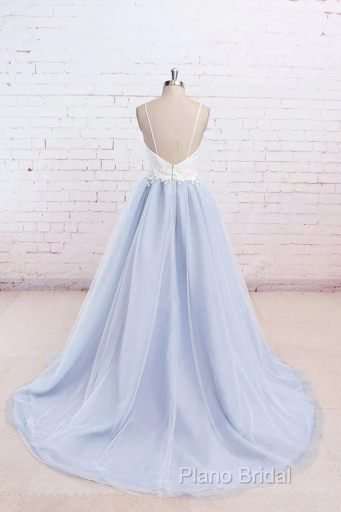 Beautiful Light Blue Tulle And White Top Long Wedding Party Gowns, Straps Junior Formal Prom Dresses