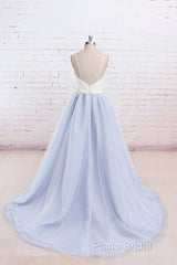 Beautiful Light Blue Tulle And White Top Long Wedding Party Gowns, Straps Junior Formal Prom Dresses