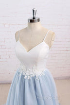 Beautiful Light Blue Tulle And White Top Long Wedding Party Gowns, Straps Junior Formal Prom Dresses