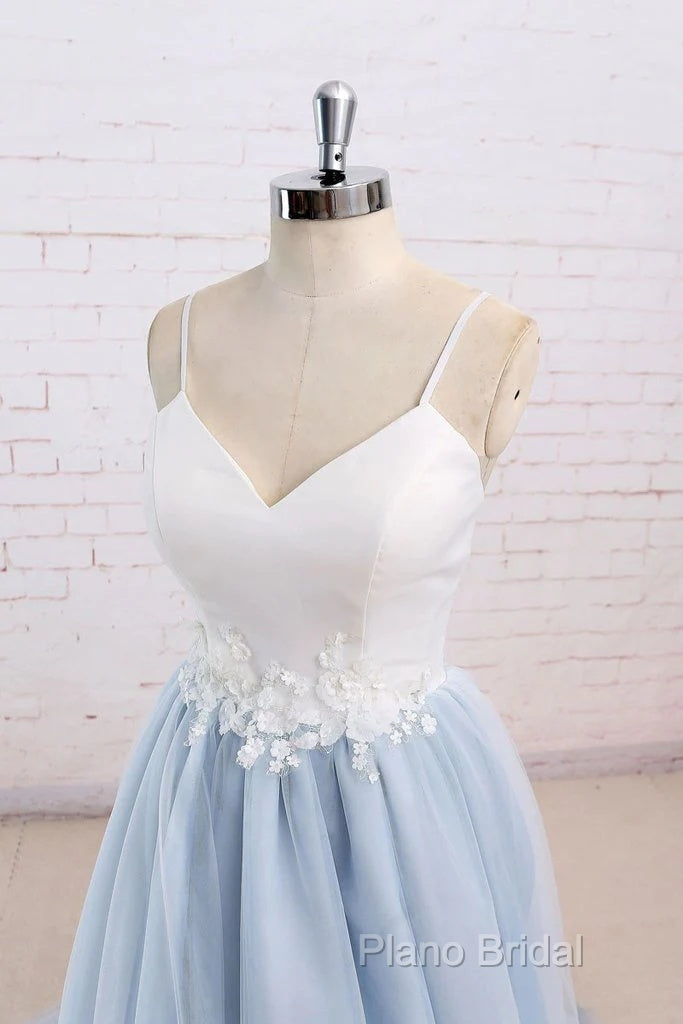 Beautiful Light Blue Tulle And White Top Long Wedding Party Gowns, Straps Junior Formal Prom Dresses