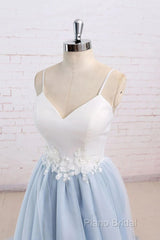 Beautiful Light Blue Tulle And White Top Long Wedding Party Gowns, Straps Junior Formal Prom Dresses