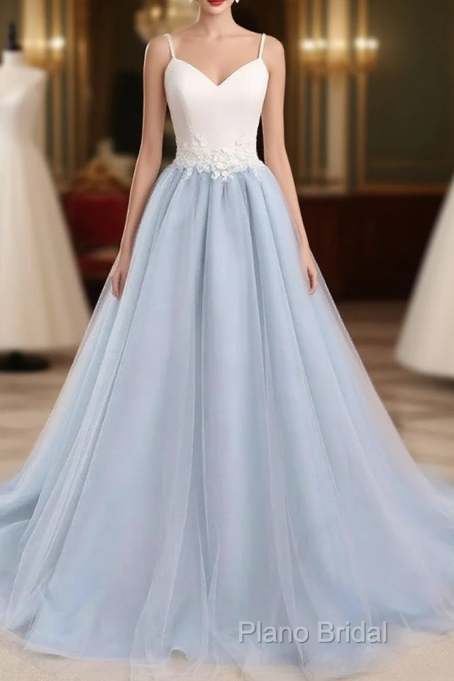 Beautiful Light Blue Tulle And White Top Long Wedding Party Gowns, Straps Junior Formal Prom Dresses Main image