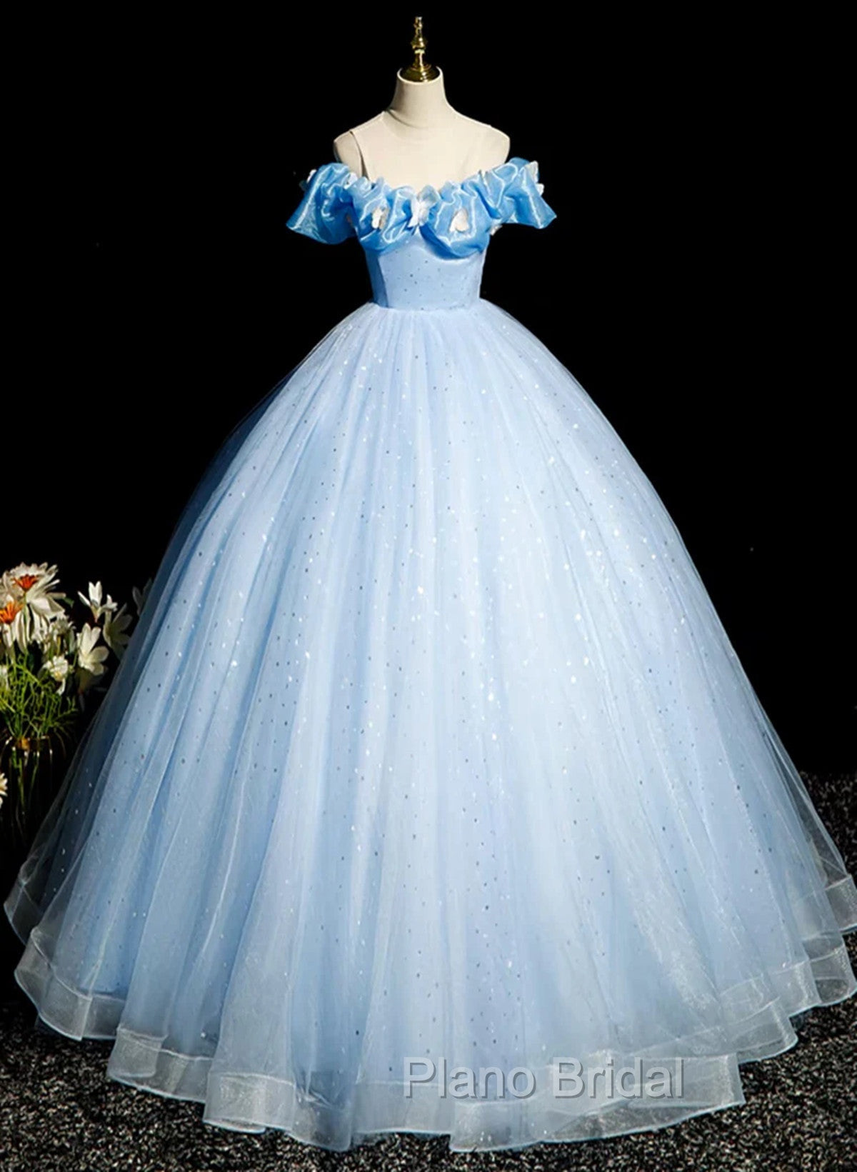 Beautiful Light Blue Tulle Off Shoulder Sweet 16 Dresses, Light Blue Formal Dresses Secondary image