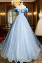 Beautiful Light Blue Tulle Off Shoulder Sweet 16 Dresses, Light Blue Formal Dresses