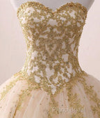 Beautiful Light Champagne Ball Gown Party Dresses, Sweet 16 Dresses With Gold Applique