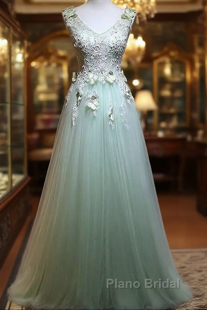 Beautiful Light Green Tulle Long Party Dresses, A-Line Floor Length Formal Prom Dresses Main image