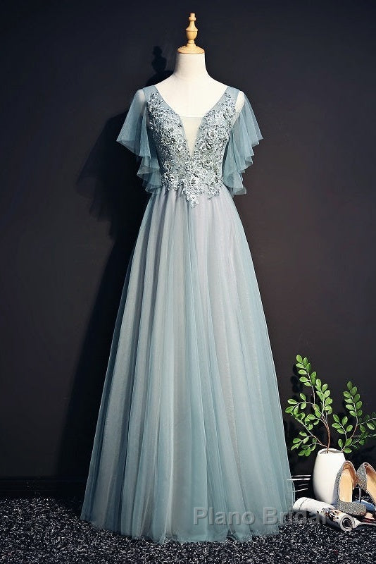 Beautiful Light Green Tulle Long Party Dresses, Green Lace Low Back Formal Prom Dresses Evening Dresses