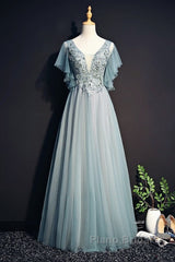 Beautiful Light Green Tulle Long Party Dresses, Green Lace Low Back Formal Prom Dresses Evening Dresses