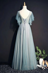 Beautiful Light Green Tulle Long Party Dresses, Green Lace Low Back Formal Prom Dresses Evening Dresses