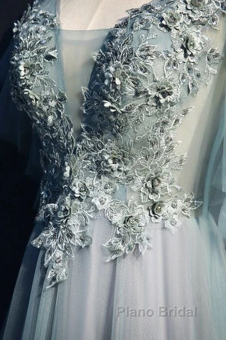 Beautiful Light Green Tulle Long Party Dresses, Green Lace Low Back Formal Prom Dresses Evening Dresses