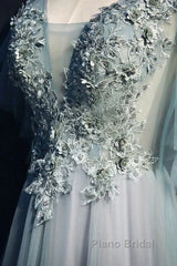 Beautiful Light Green Tulle Long Party Dresses, Green Lace Low Back Formal Prom Dresses Evening Dresses