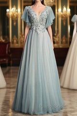 Beautiful Light Green Tulle Long Party Dresses, Green Lace Low Back Formal Prom Dresses Evening Dresses