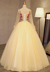 Beautiful Light Yellow Long Sleeves Quinceanera Dresses, Ball Gown Sweet 16 Dresses