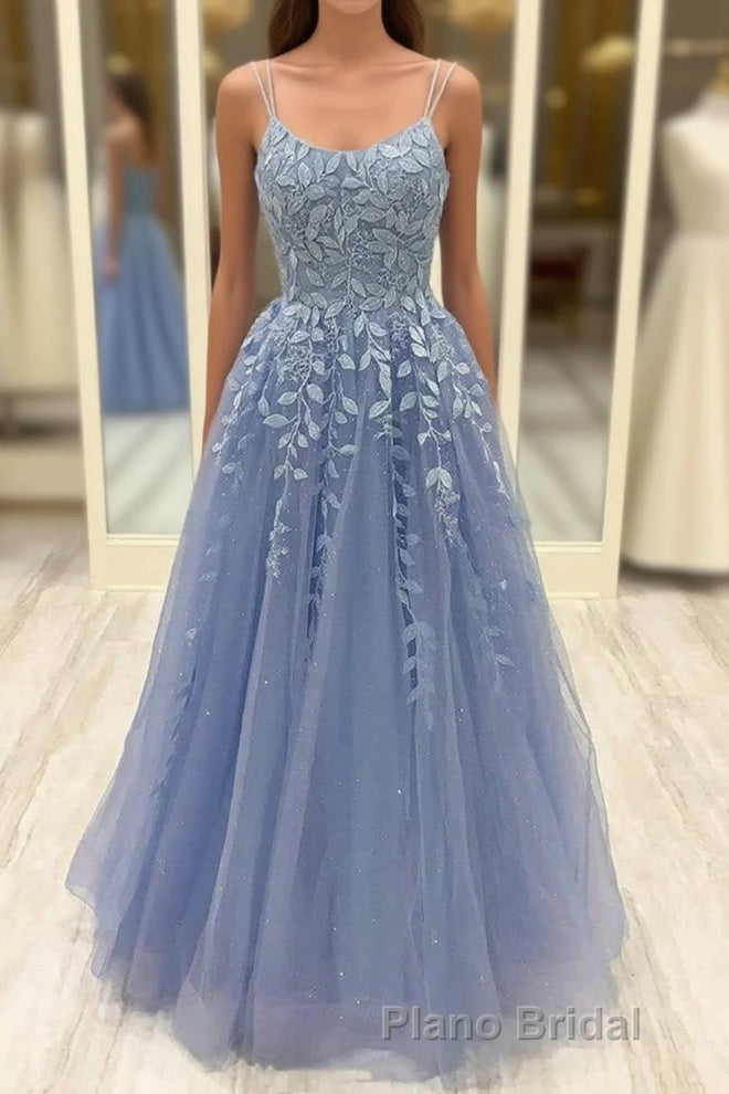 Beautiful Long A-line Scoop Neck Tulle Lace Formal Prom Dresses