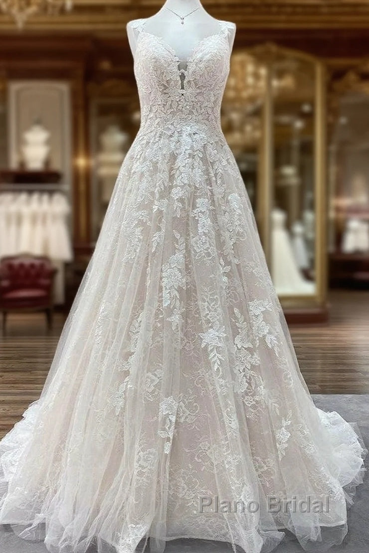 Beautiful Long A-line Tulle Lace V Neck Open Back Wedding Dresses