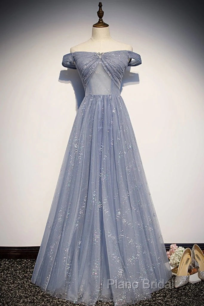 Beautiful Long Strapless Blue Tulle Beaded Long, A Line Off Shoulder Formal Prom Dresses Secondary image