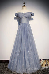 Beautiful Long Strapless Blue Tulle Beaded Long, A Line Off Shoulder Formal Prom Dresses