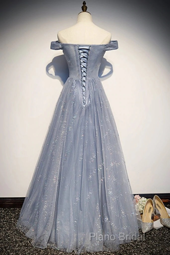 Beautiful Long Strapless Blue Tulle Beaded Long, A Line Off Shoulder Formal Prom Dresses