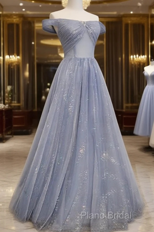 Beautiful Long Strapless Blue Tulle Beaded Long, A Line Off Shoulder Formal Prom Dresses Main image