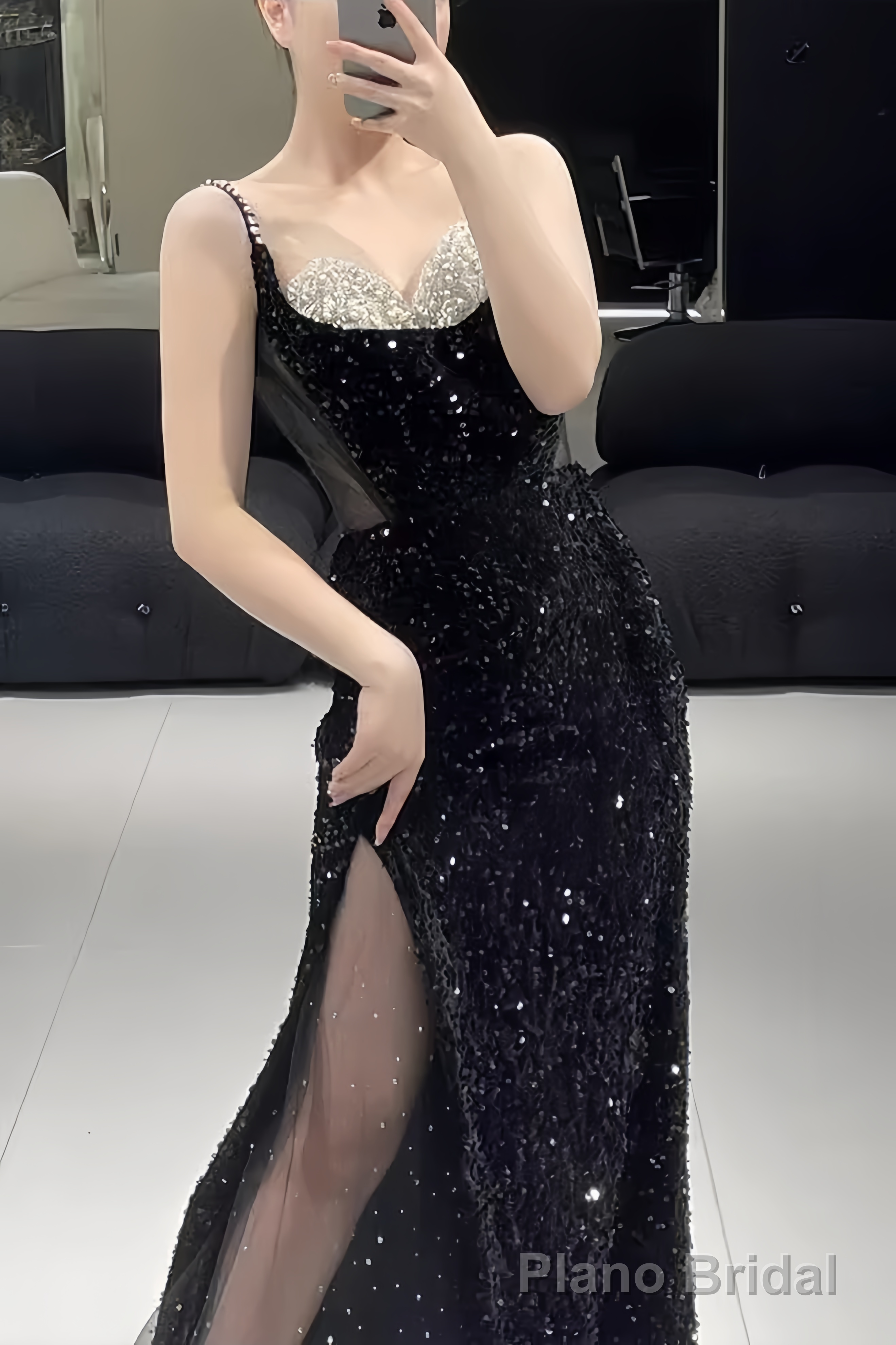 Beautiful Mermaid Straps Slit Black Long Prom Dress