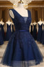 Beautiful Navy Blue Knee Length Homecoming Dresses, V-Neckline Short Formal Dresses