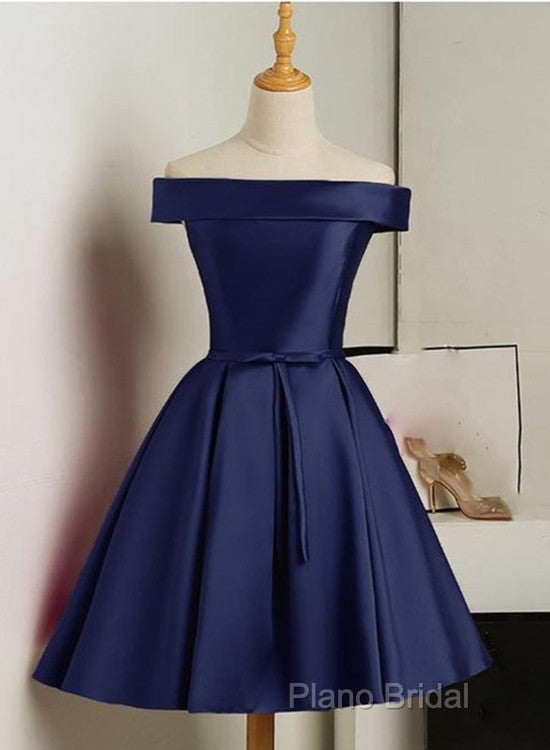 Beautiful Navy Blue Satin Knee Length Homecoming Dresses, Blue Short Formal Prom Dresses Secondary image