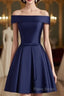 Beautiful Navy Blue Satin Knee Length Homecoming Dresses, Blue Short Formal Prom Dresses