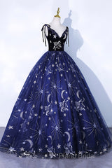 Beautiful Navy Blue Tulle Long Formal Prom Dresses, Spaghetti Straps Lace Flower Backless Formal Dresses